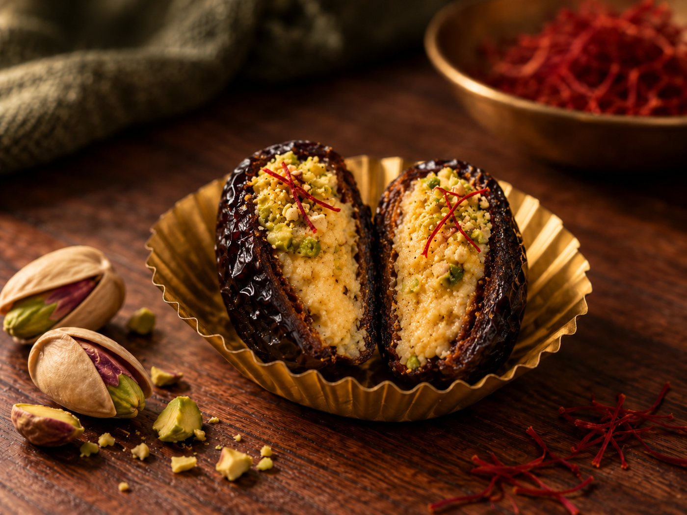 A stuffed date cut in half showing its saffron and nut filling