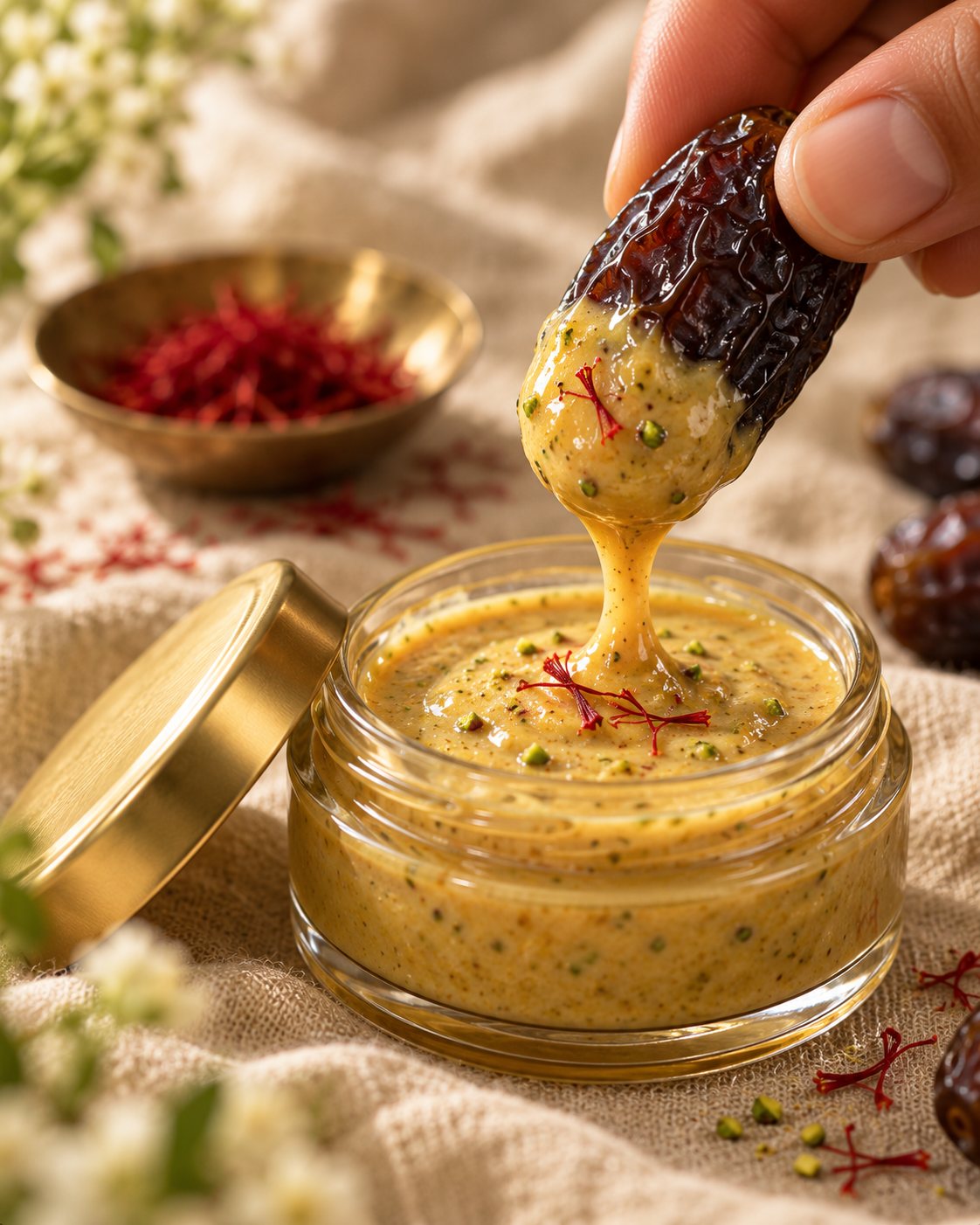 A date being lifted from a jar of golden saffron, nut and milk dip
