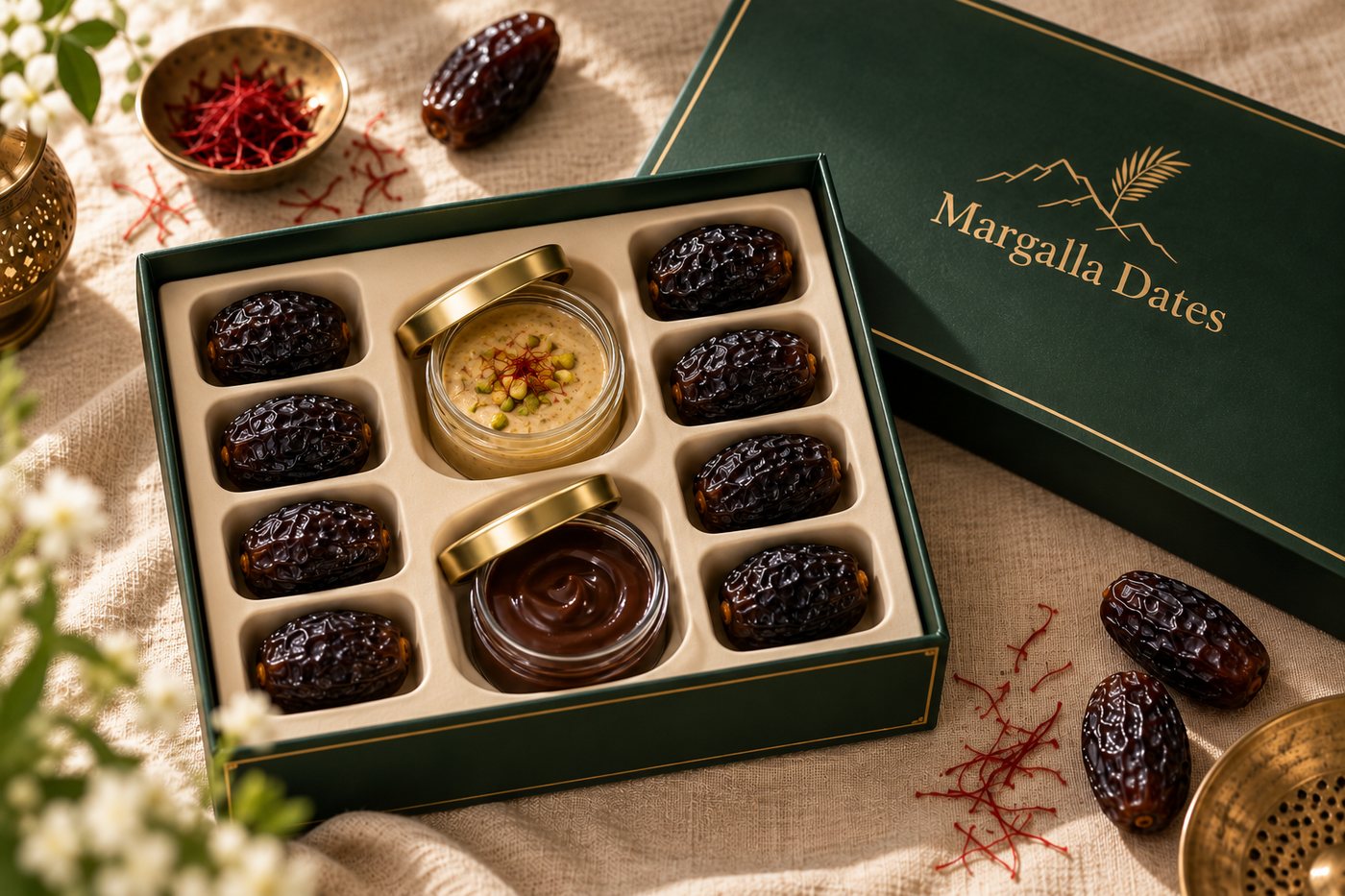 An open Dipping Box with eight dates and two dip jars beside its gold-lettered lid