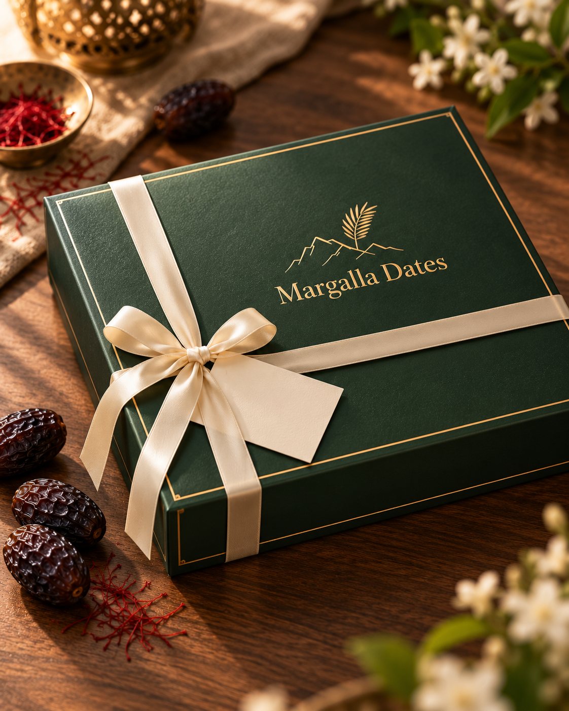 A closed Margalla Dates box tied with a cream ribbon and gift card