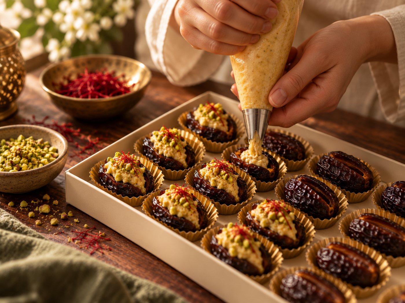 Hands piping saffron and milk filling into dates in gold paper cups