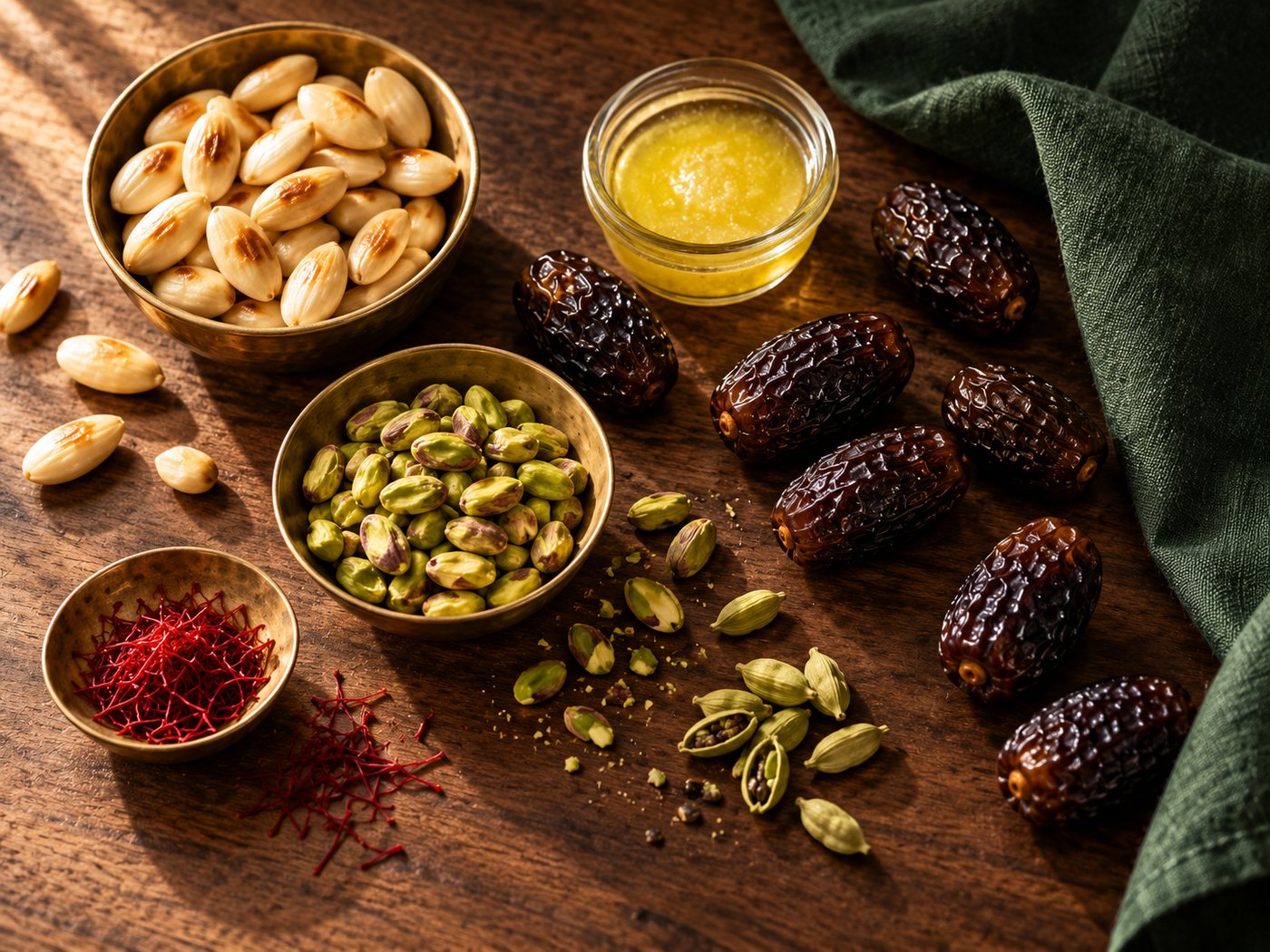 Almonds, pistachios, saffron, cardamom, ghee and dates on a wooden table