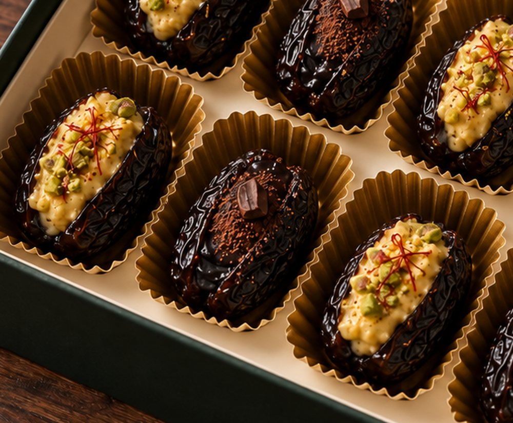 Stuffed dates with saffron and pistachio filling in gold paper cups